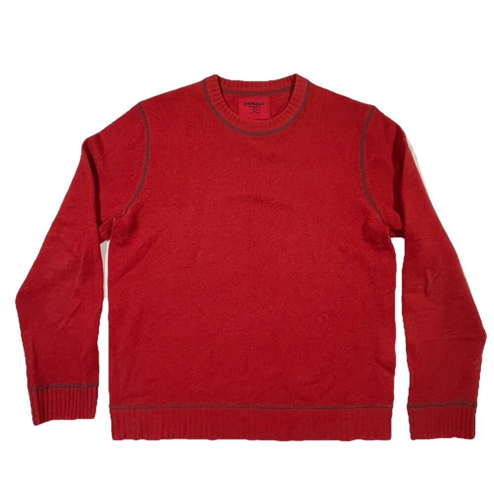 Express 100% Lambs Wool Sweater Red Contrast Stitch Mens Large